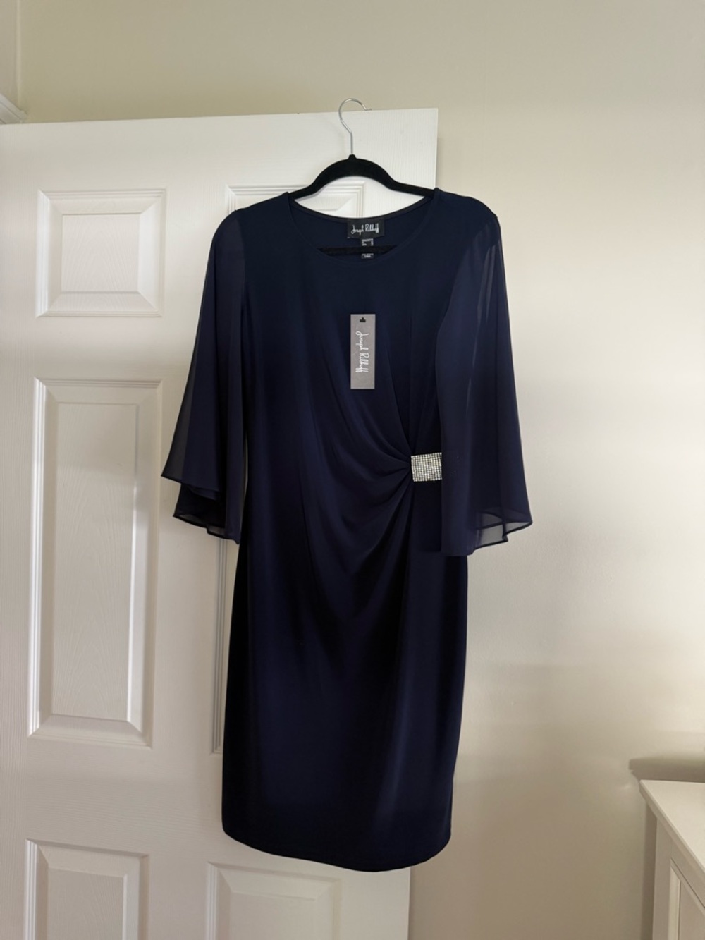 Joseph Ribkoff Navy Sheer-Sleeve Dress with Embellishment Brand New Tags on